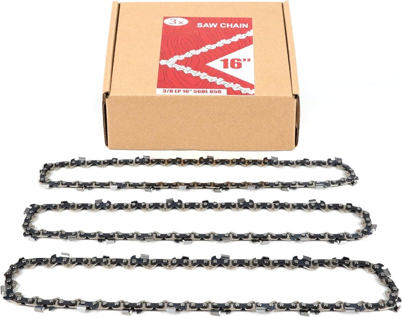 PETOX 3-Pack 16 Inch Chainsaw Chain 56 Drive Links, 3/8" Pitch, 0.050" Gauge, Fit for Craftsman, Remington, Greenworks, Earthwise, Echo, Ryobi, Husqvarna Chainsaws and More - Image 1